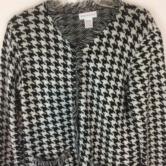 Worthington Womens Open Front Cardigan Size M Black White Houndstooth Fringes - Picture 2 of 11